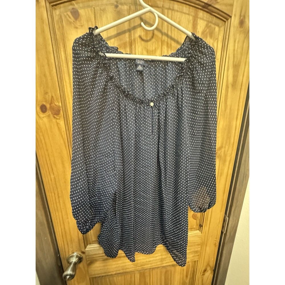 Chaps Top Women's Blue Polka Dot Smocked Balloon‎ Sleeve Semi Sheer Boho Size 3x